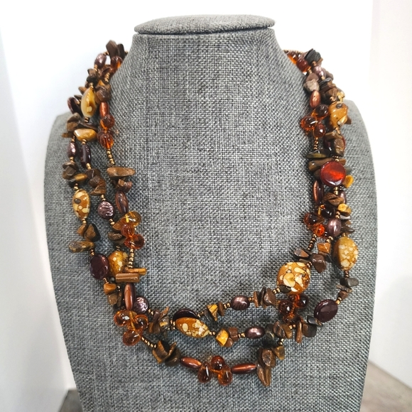Earth Tone Multistrand Beaded Necklace – Gem Chips, Glass & Shell Accents - Picture 1 of 7